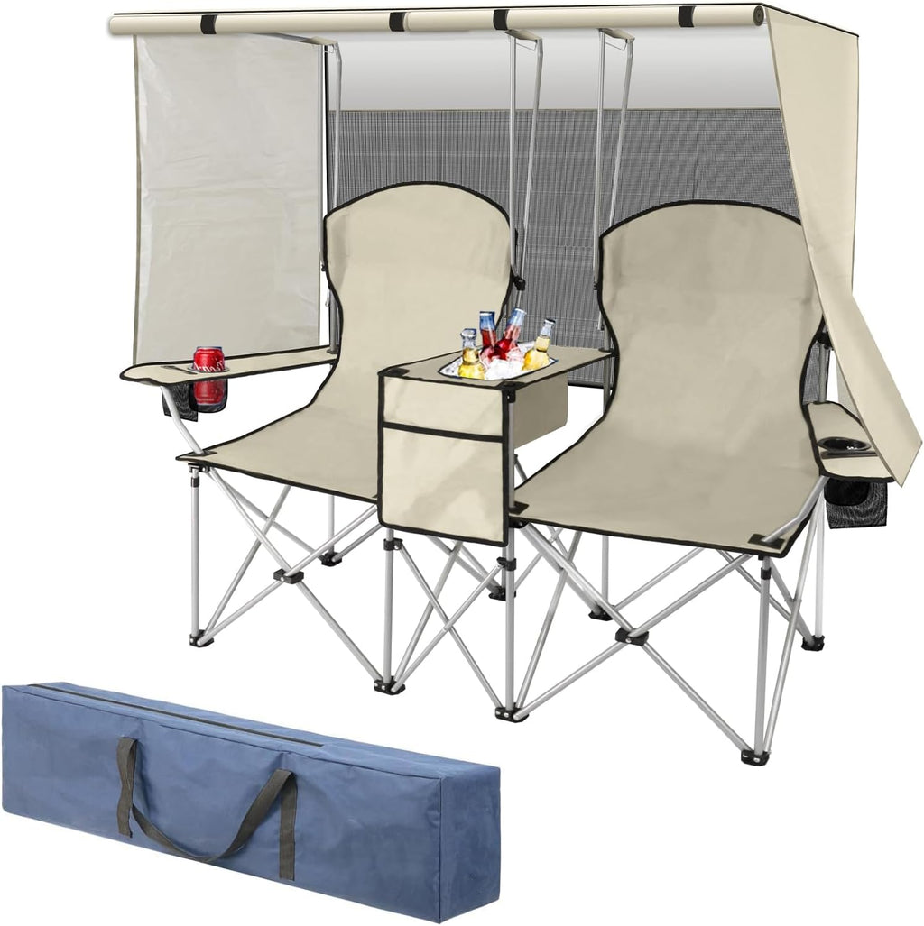 Double Beach Chair with Canopy Shade,Heavy Duty Camping Chair for Aduls,Folding Beach Chair with Cup Holder Cooler Bag for Sports Beach Outside（White）