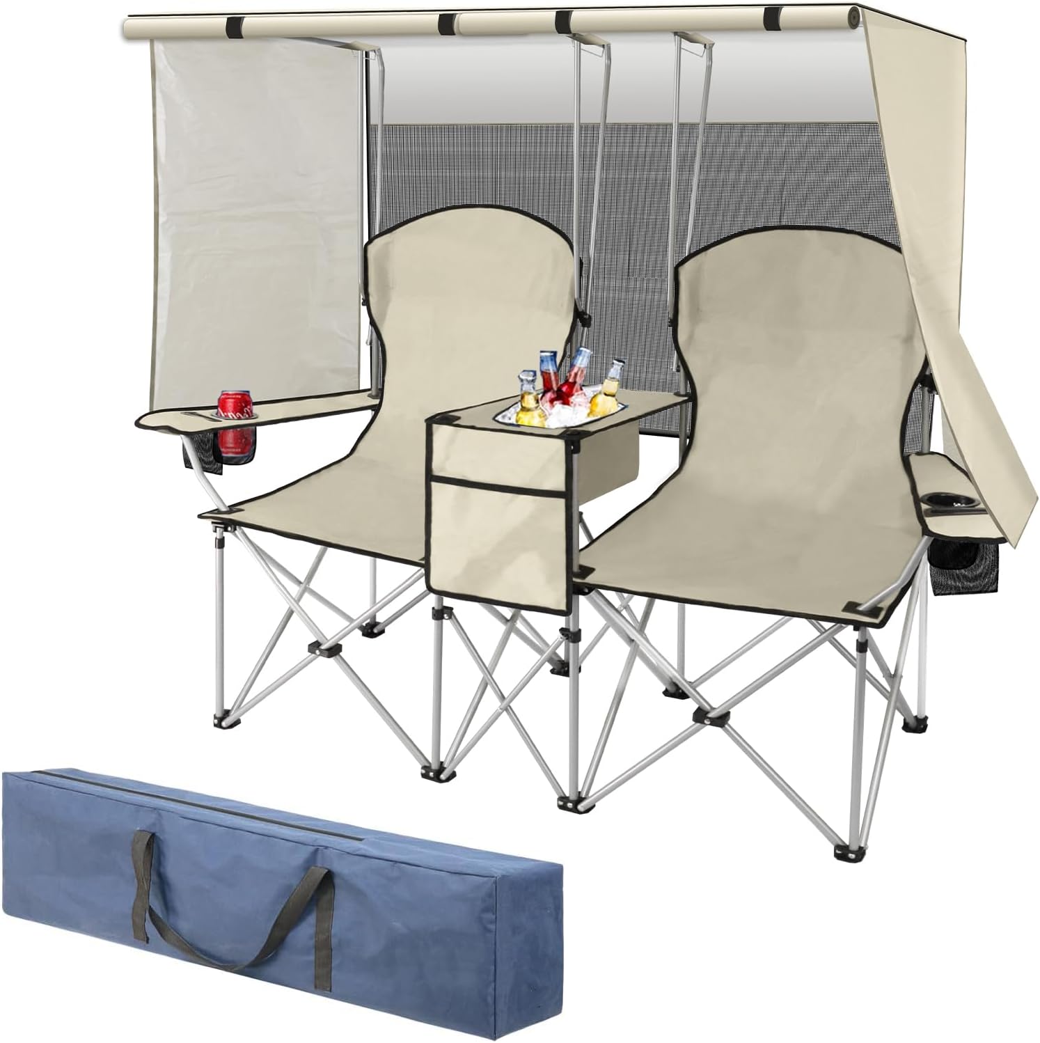 High Back Beach Chairs,2Pack Protable Folding Chair for Adults,Foding Camping Chairs with Carry Bag Cup Holder for Beach,Fishing Outside（Bue）