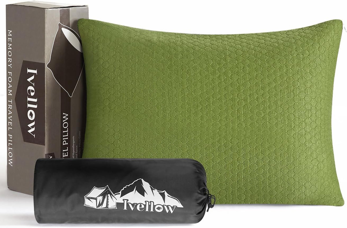 Ivellow Memory Foam Travel Pillow,Small Camping Pillow for Sleeping,Avocado