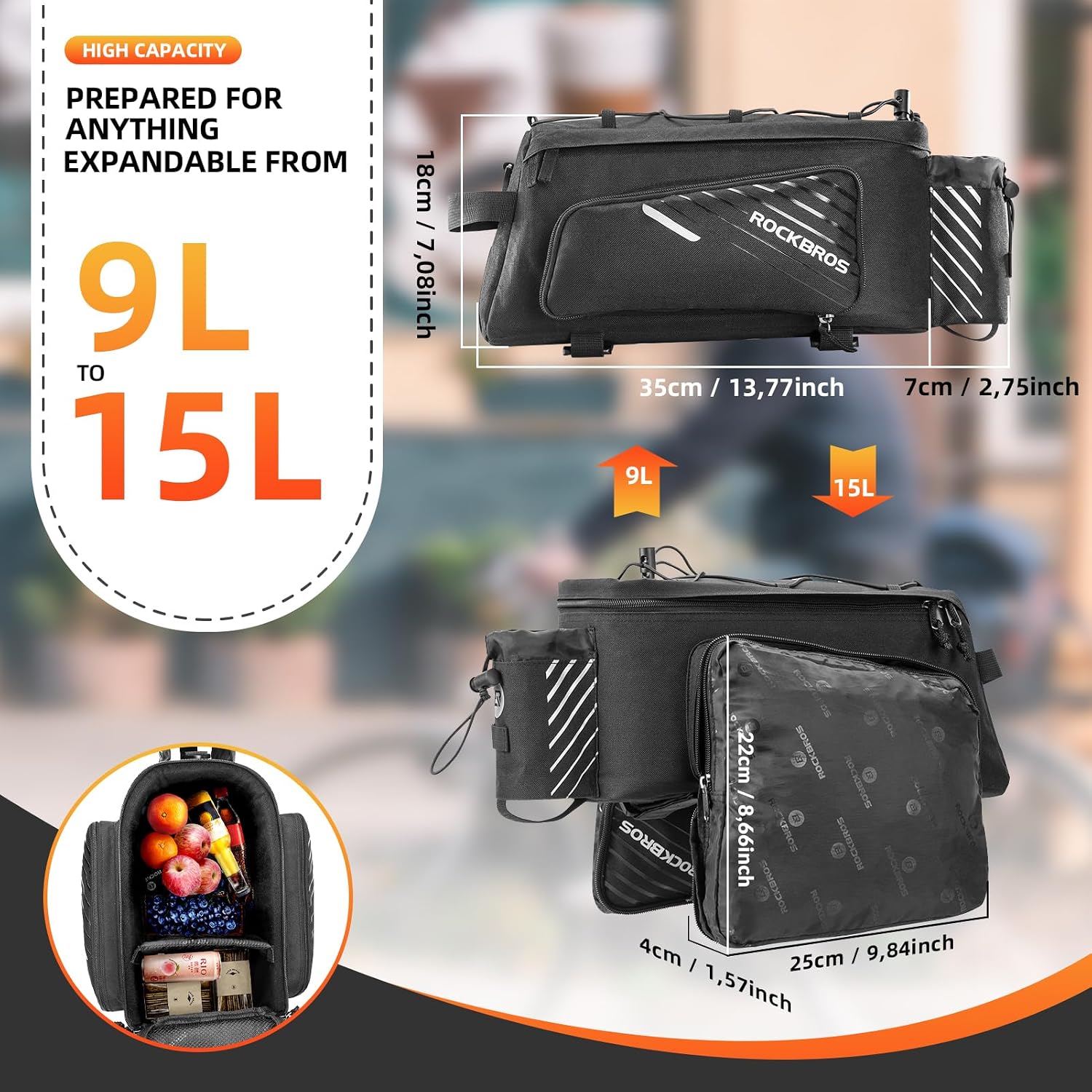 ROCKBROS 15L Bike Rear Rack Bag Pannier Trunk Bag with Rain Cover