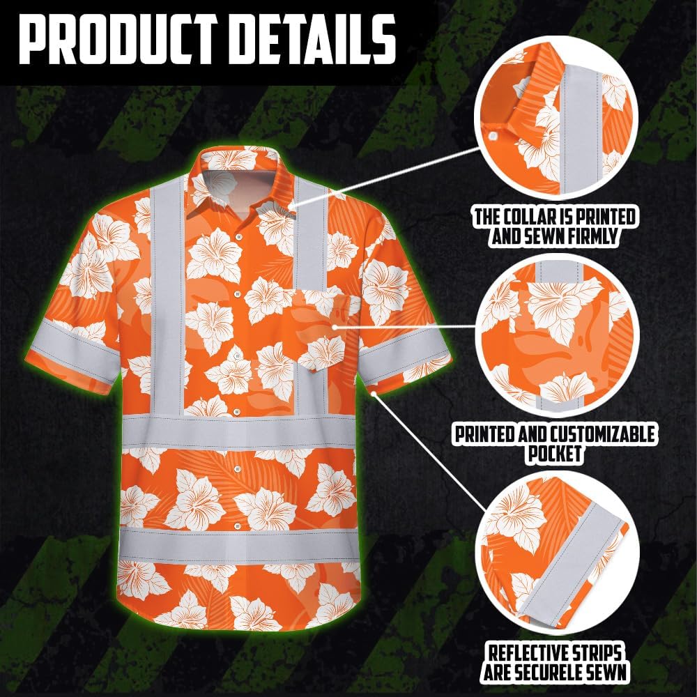 High Visibility Hawaiian Shirt for Men Tropical Shirts Custom Name Floral Outfit Reflective Safety Workwear