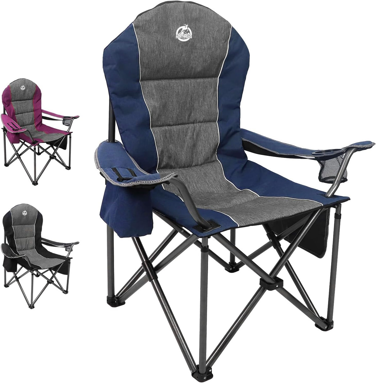 Northroad Oversized Portable Camping Chair, Full Padded Outdoor Folding Chair Support 350 LBS, Heavy Duty Lawn Chair with Cup Holder, Cooler Bag, Lumbar Support, Head Pocket for Adult-Blue