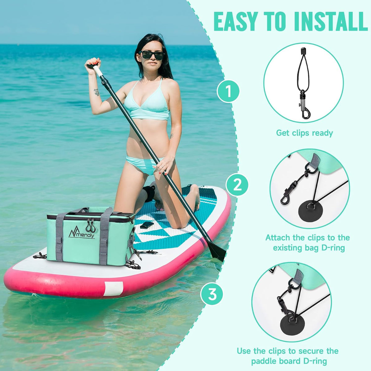 MENOLY Paddle Board Accessories Cooler, 25L Sup Kayak Deck Cooler Bag Fit 30 Cans with Bottle Opener, Adjustable Strap for Paddleboarding, Kayaking, Camping