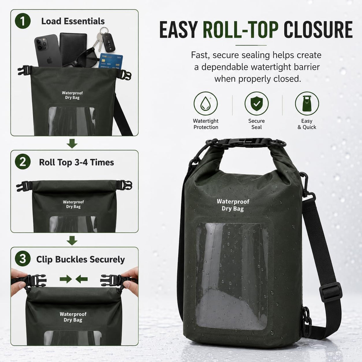 3L IPX8 Waterproof Dry Bag Backpack with Touchscreen Phone Pouch,Green