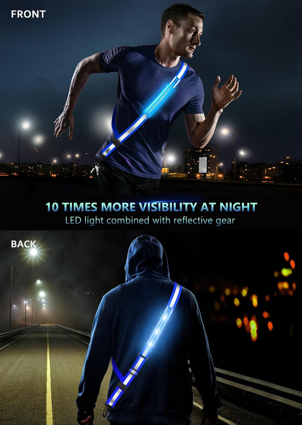 Fokia Kunbio LED Reflective Belt Sash for Walking at Night,Running Safety Gear LED Light Up Running Belt for Runners Walkers