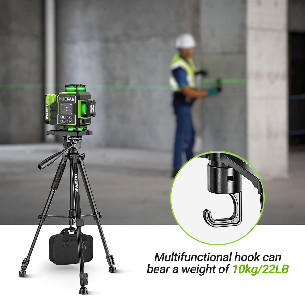 Huepar Professional Laser Level Tripod, 60 Inch Adjustable Laser Level Stand, Suit for Heavy Duty Laser Levels, Point Lasers, Laser Distance Measures; 1/4" & 5/8" Thread Mount, Non-Slip Feet, TPD14B