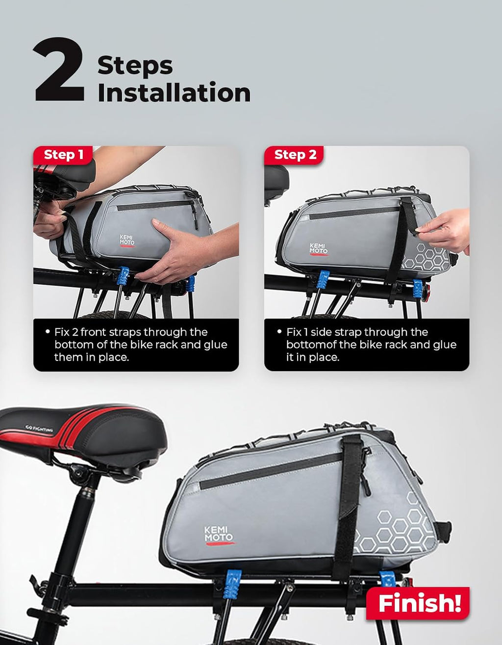 KEMIMOTO Fully Reflective 3-in-1 Rear Bike Bag, 11L Convertible Backpack