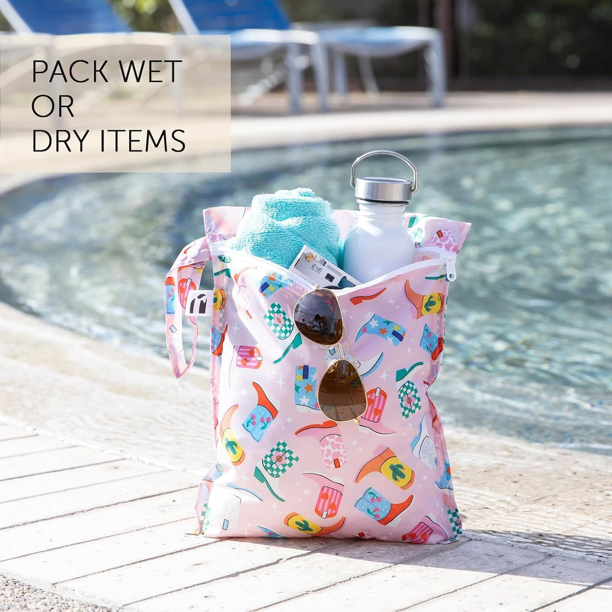 Bumkins Roamio - Waterproof Wet Bag - For Baby, Travel, Swim Suit, Cloth Diapers, Pump Parts, Pool, Gym, Toiletry, Strap to Stroller - Reusable & Easy to Clean - 2pk - Cowgirl Boots & Disco