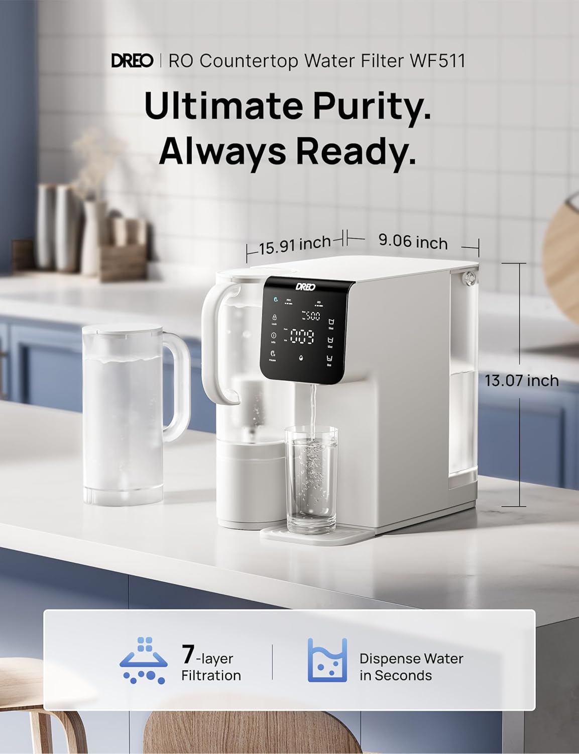 DREO Reverse Osmosis Water Filter Countertop, 7-Stage RO Water Filtration System, Installation-Free, Reduce TDS, Water Filter Pitcher for Home, Kitchen, 3:1 Pure to Drain, WF511 Upgraded