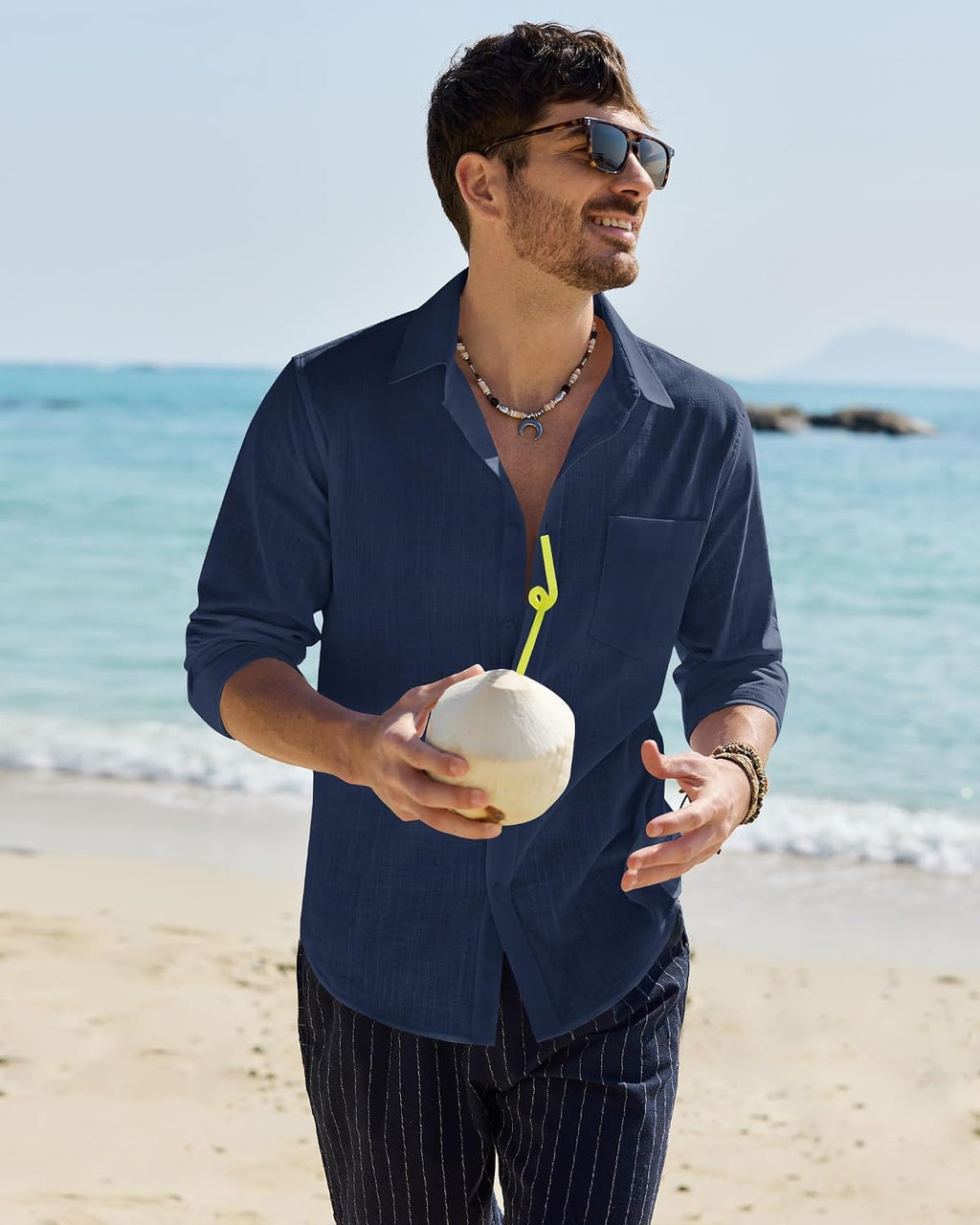 Alimens & Gentle Mens Linen Textured Shirt Long Sleeve Summer Beach Tops