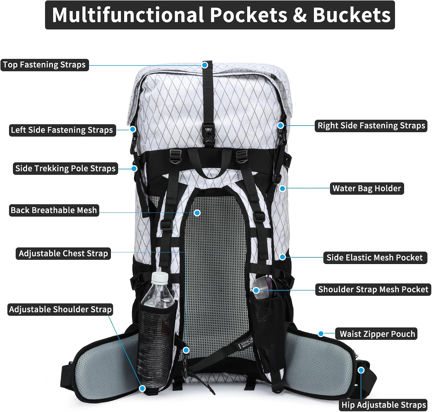 Hiking Backpack,40L to 50L Extra Large Capacity Hiking Bag,Internal Frame Camping Backpack,Upgraded X-PAC Lightweight Sport Daypack Travel Backpack Fit For Mountain Climbing Camping(White)