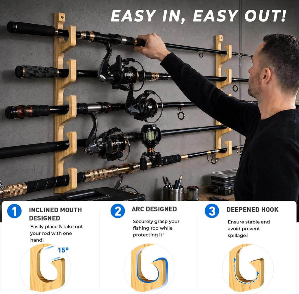 PLUSINNO H5W Solid Wood Fishing Rod Holder, Horizontal Wall & Ceiling Mount Fishing Pole Holders for Garage Storage, Holds 5Rods, Combos and Fishing Nets（Natural Wood,1pack）