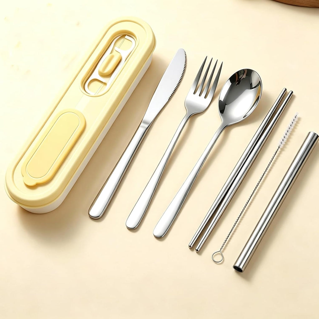 6PCS Travel Utensils with Built-in Floss & Toothpick Case, Dishwasher Safe