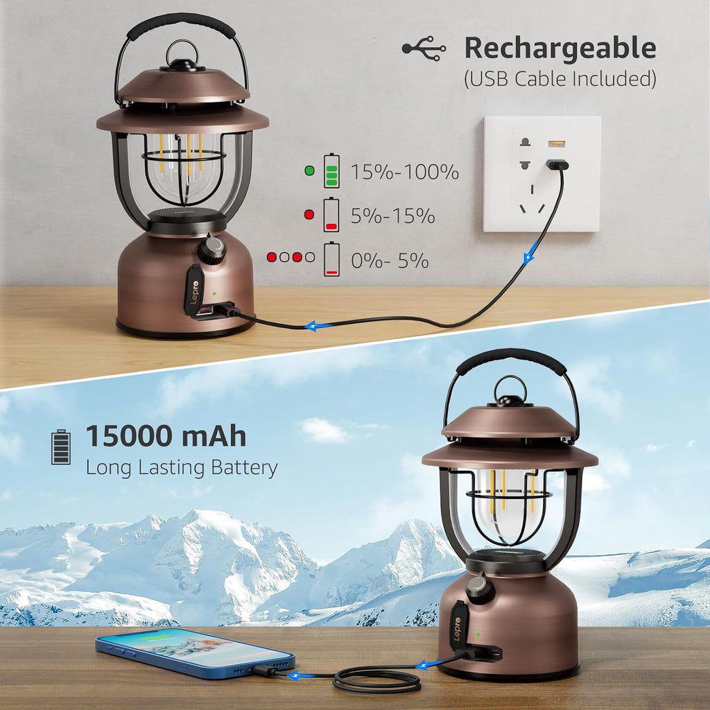 Lepro Vintage LED Camping Lantern Rechargeable - 15000mAh, 1000LM Stepless Dimming, Dual Color Temp 2500K & 5000K, IPX4 Waterproof Retro Railroad Lantern for Camping, Home Decor & Emergency