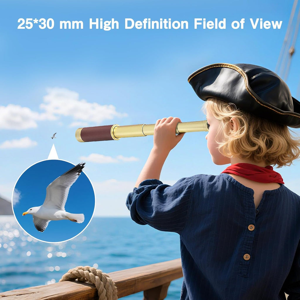 Retro Pirate Telescope Zoomable 25x30 Spyglass Portable Collapsible Handheld Telescope Vintage Monocular for Kids & Survival Gear Compass Pocket Military Compass for Camping Boating