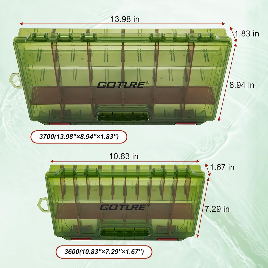 Goture Fishing Tackle Box Organizer - Transparent Fishing Organizer Box w/Measurement Ruler, Adjustable Dividers, Dual Latches | 2 Pcs 3600 Tackle Tray| Ergonomic Grip