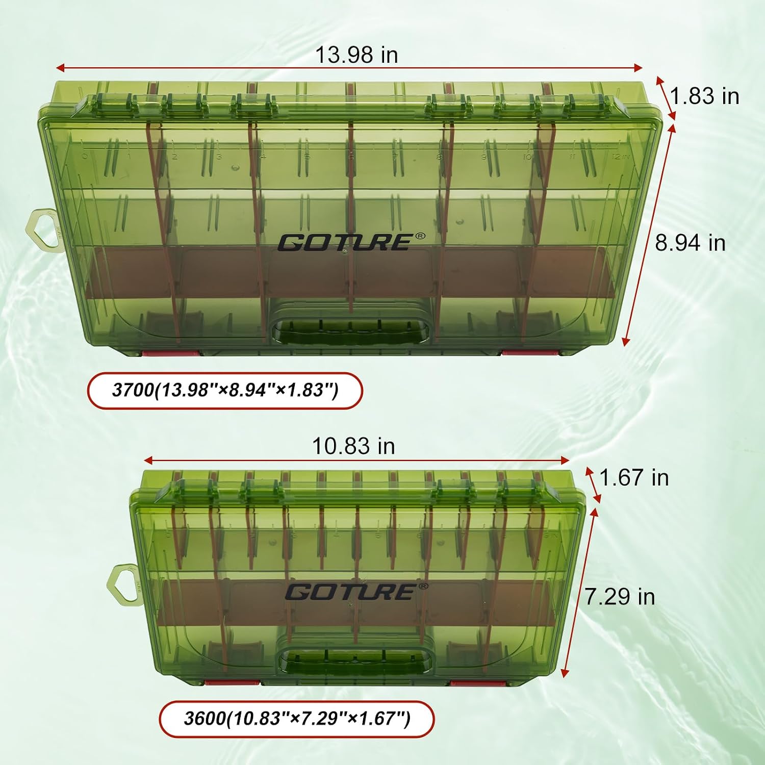 Goture Fishing Tackle Box Organizer - Transparent Fishing Organizer Box w/Measurement Ruler, Adjustable Dividers, Dual Latches | 2 Pcs 3600 Tackle Tray| Ergonomic Grip