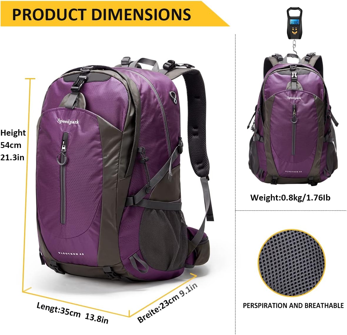 SPEEDPARK 40L Hiking Backpack, Lightweight Camping Daypack with Rain Cover