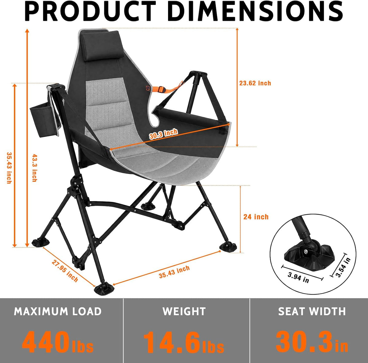 Romswi 1 Pcs Hammock Chair, Oversized Portable Folding Swinging Chair with Adjustable Back & Seat, Supports 440lbs for Outdoor, Patio, Lightweight Camp Chair Black (Without footrest)