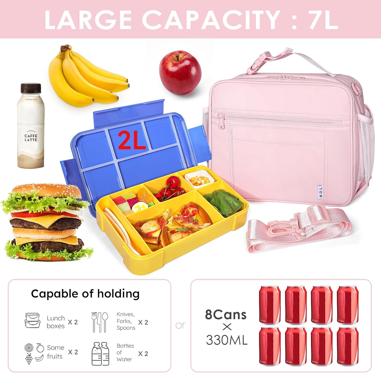 NOL Lightweight Insulated Lunch Bag, Reusable Lunch Box 7L Cooler with Adjustable Shoulder Strap, Waterproof Zipper Lunch Bag for School & Work, Suitable for Men, Women and Kids