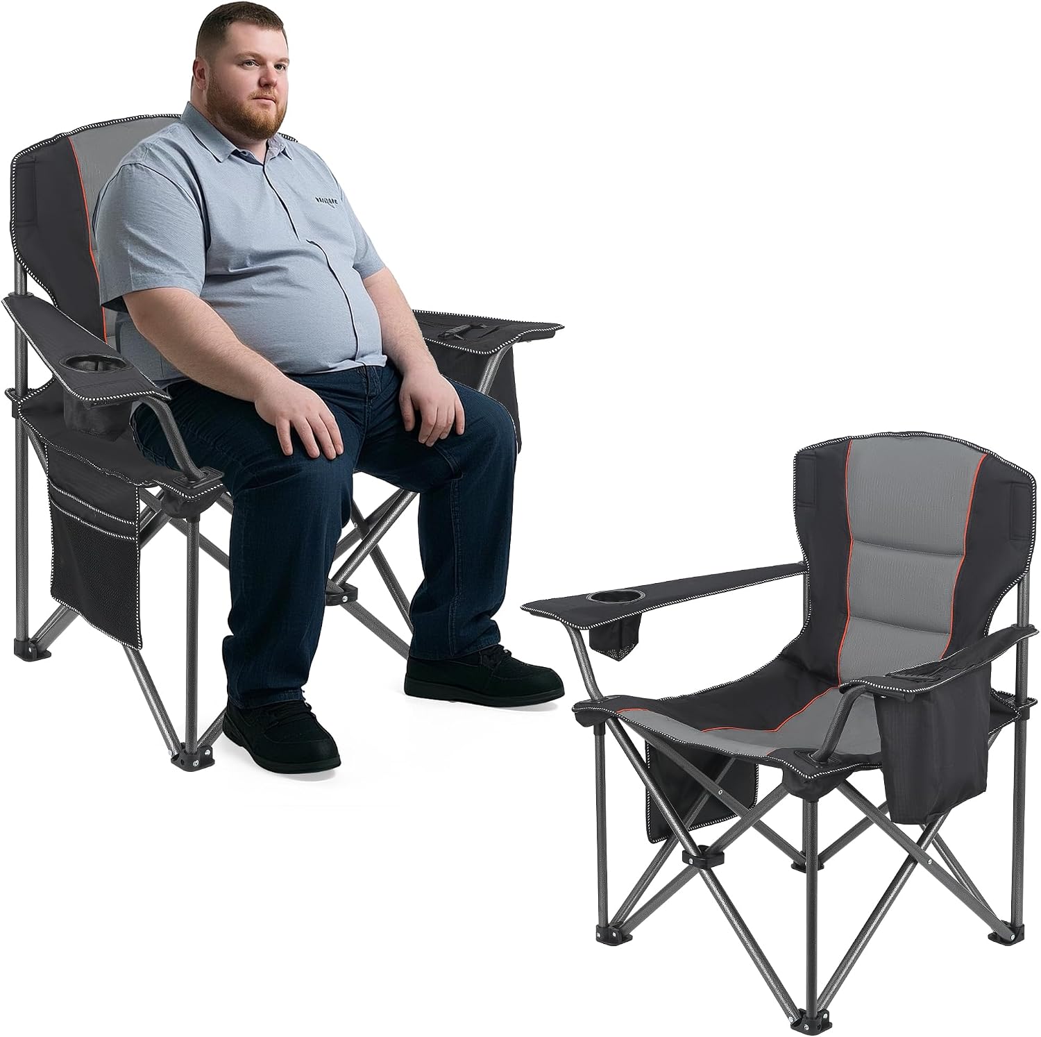 WEIDIORME 2 Pack Heavy Duty Oversized Camping Chair for Adults 400lbs w/Lumbar Support - Folding Chairs with Side Pocket, Cup Holder & Cooler Bag for Beach, Fishing, Lawn, Backyard Black