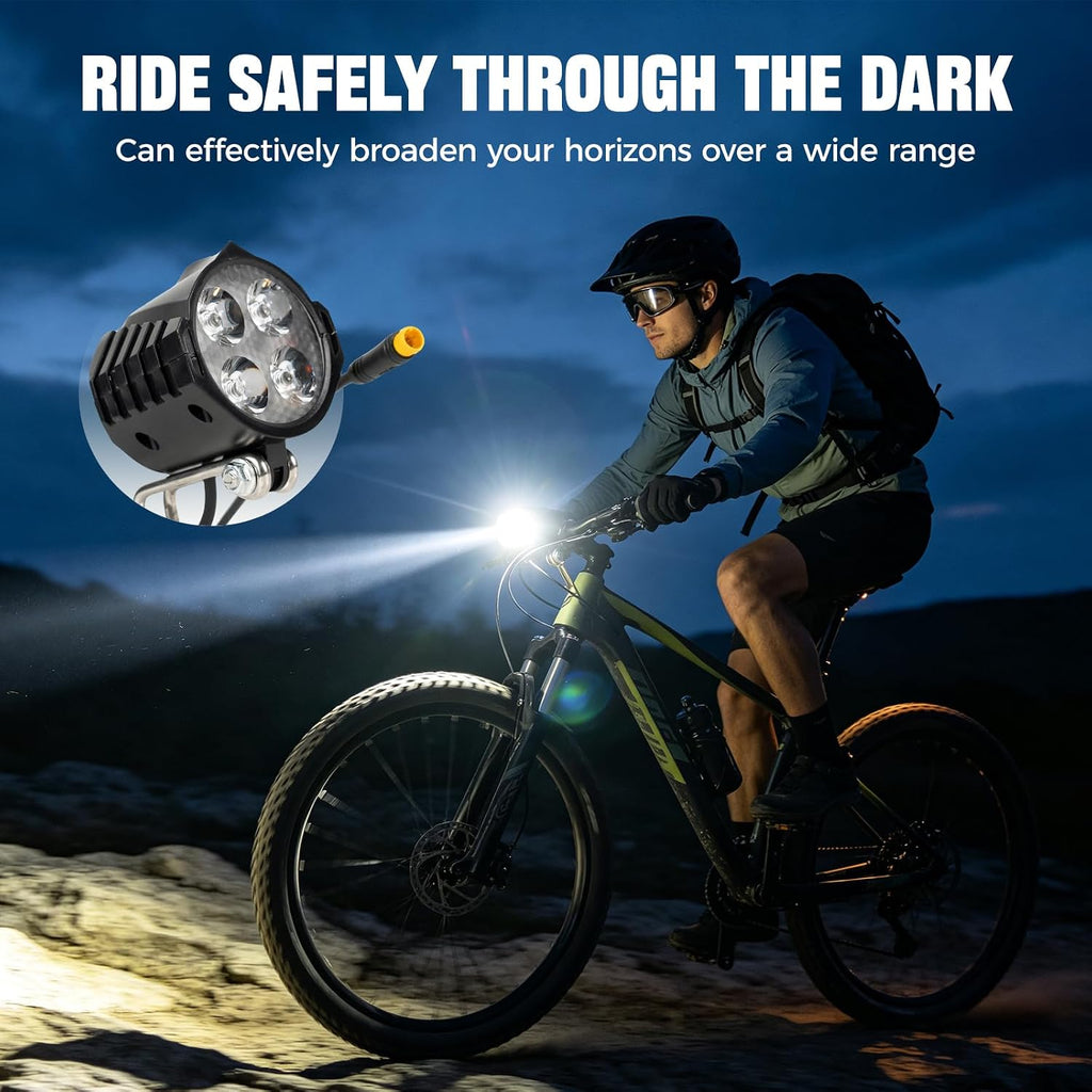 Electric Bike Headlight with Horn, 3-Pin Wired E-Bike Front Lamp Replacement, 4 LED Front Light for 24V 36V 48V 52V Electric Bicycle, Scooter and Ebike, Adjustable Metal Bracket