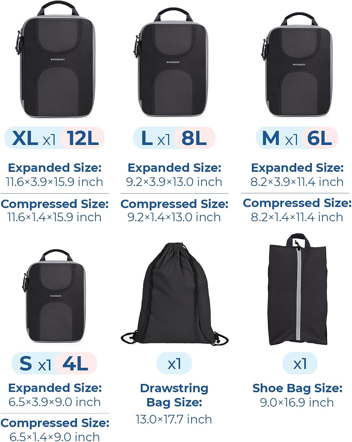 BAGSMART Compression Packing Cubes, 6 Set Packing Cubes for Suitcases, Lightweight Suitcases Organizers Bag Set & Compression Travel Cubes, Travel Essentials Packing Organizers Black