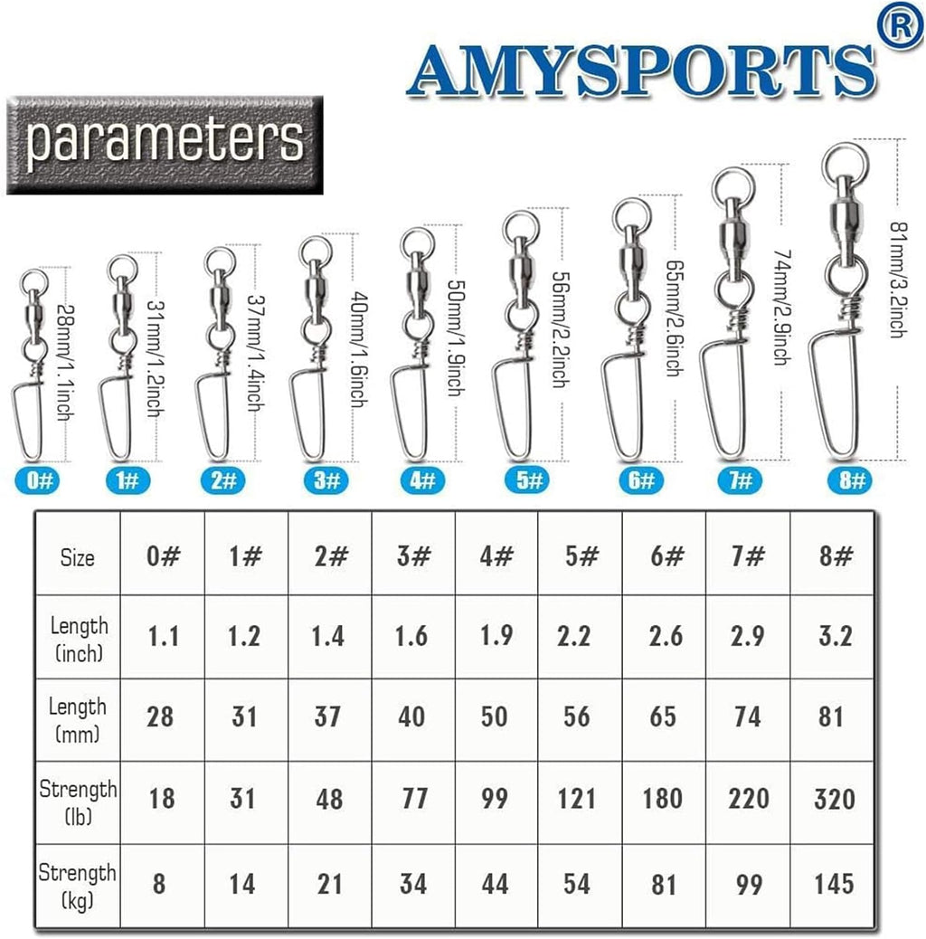 AMYSPORTS High Strength Fishing Snap Swivels - Stainless Steel Ball Bearing Swivels - Saltwater & Freshwater Fishing
