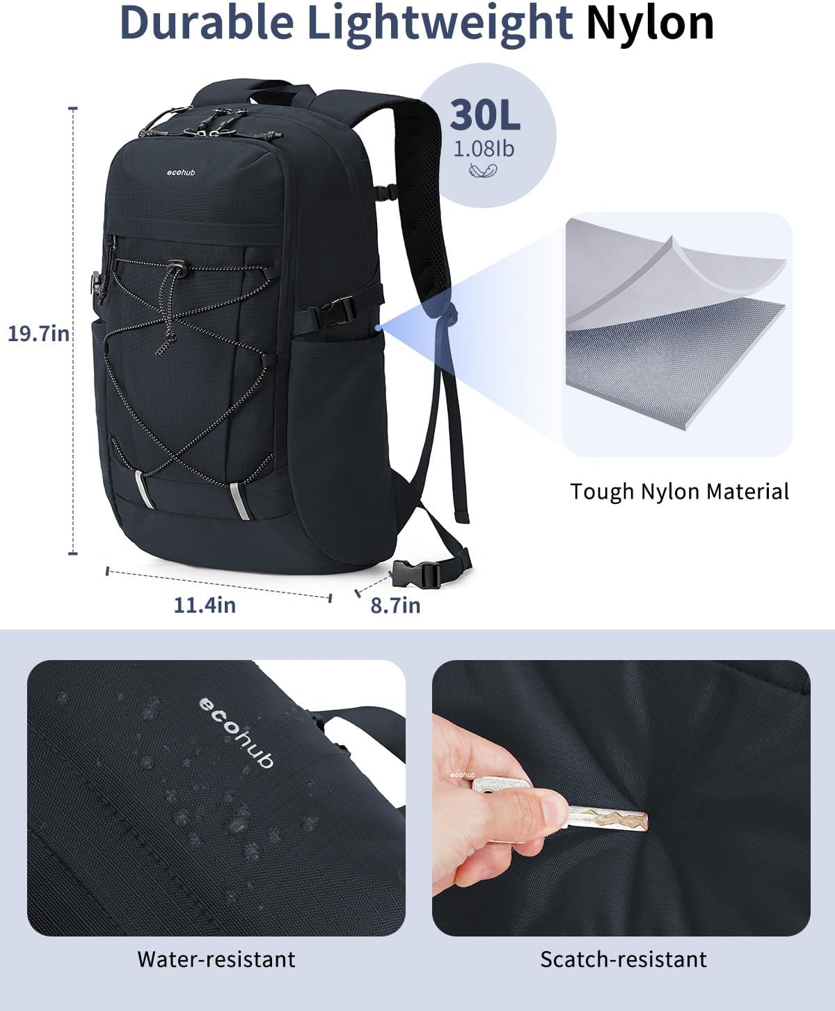 ECOHUB Hiking Backpack 30L Travel Backpack Lightweight Casual Daypack Water Resistant Camping Bag Outdoor Sports Back pack for Men Women