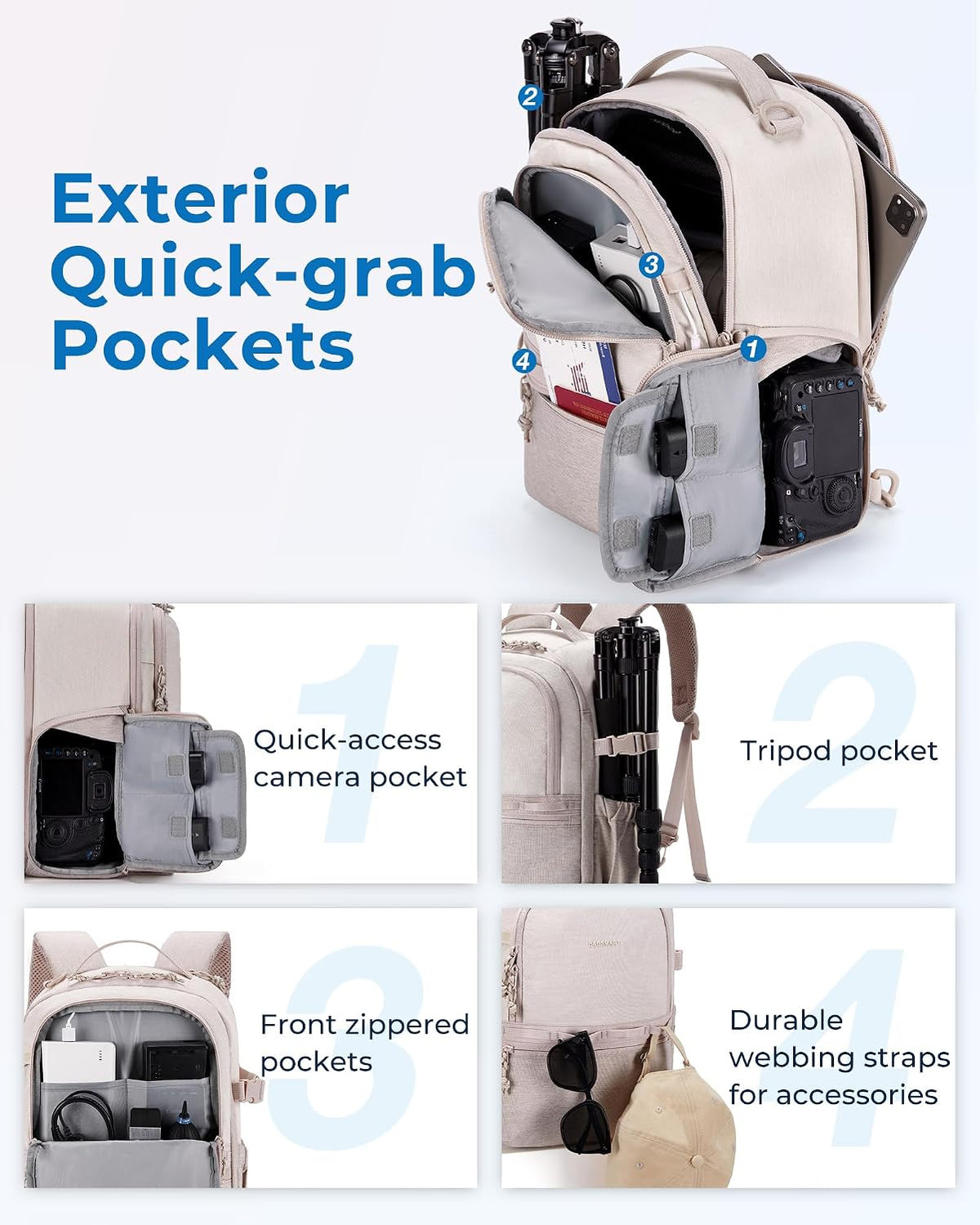 BAGSMART 2 in 1 Small Camera Backpack for DSLR, Fits 12.9" iPad, Beige