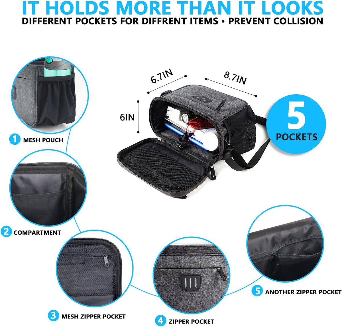 Bike Handlebar Bag, Bicycle Basket Front with Rain Cover and Shoulder Strap
