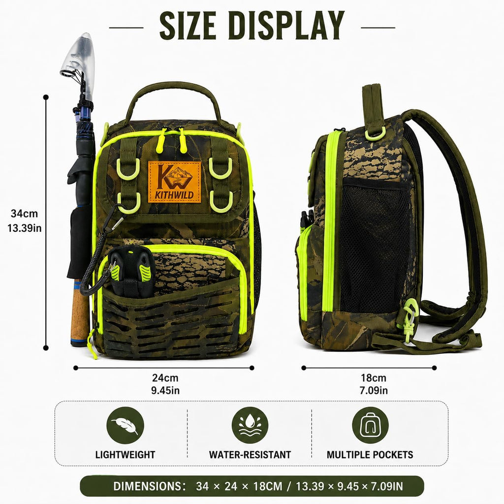 Fishing Sling Tackle Bag, Water-Resistant Lightweight Fishing Backpack with Rod Holder, Adjustable Crossbody Shoulder Bag for Bass Trout Kayak Bank Fishing- Green
