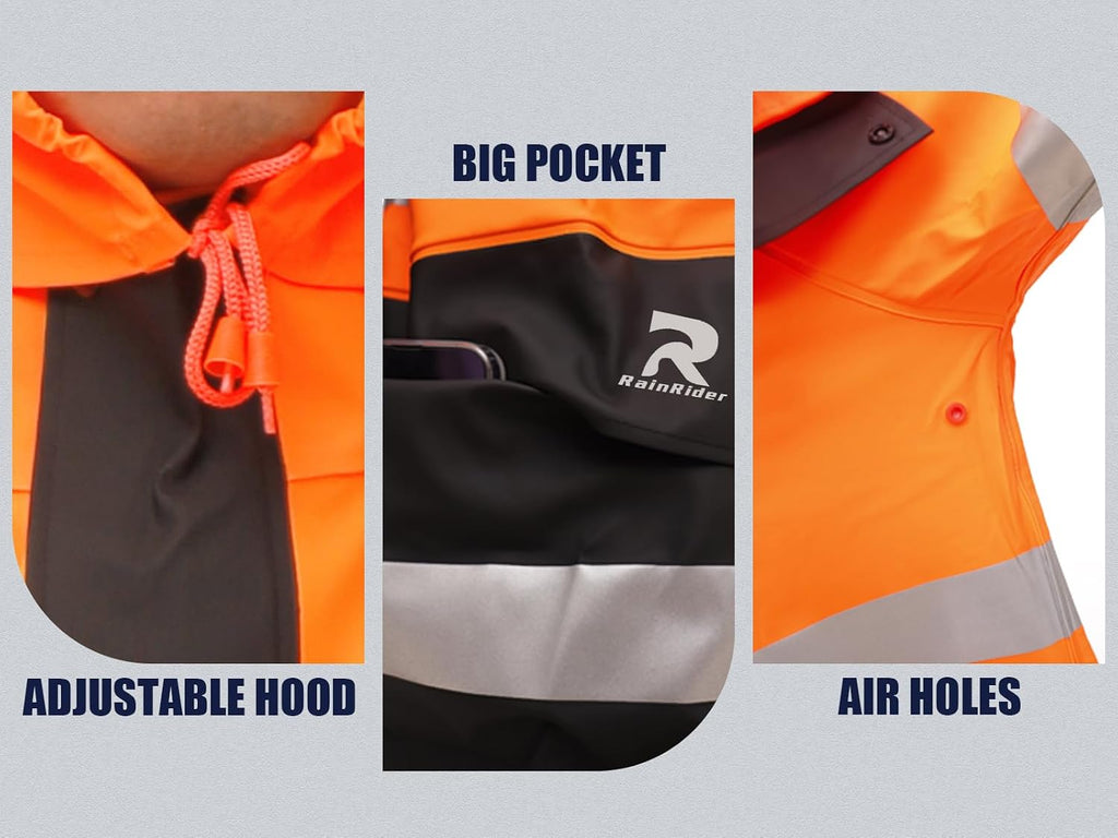 RainRider Rain Suits Waterproof for Men Women Heavy Duty Rain Gear Reflective Jacket Bib Pants 3 Pieces Rainwear