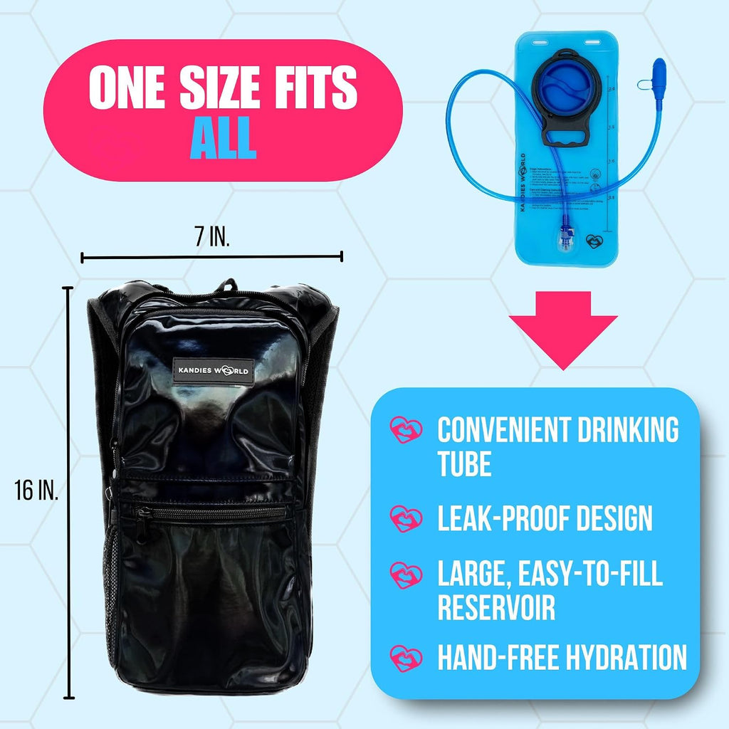 Kandies World Reflective Festival Hydration Pack - 2L Hydropack for Raves, Hiking, Biking, Running, and More (with Anti-Theft Pocket)