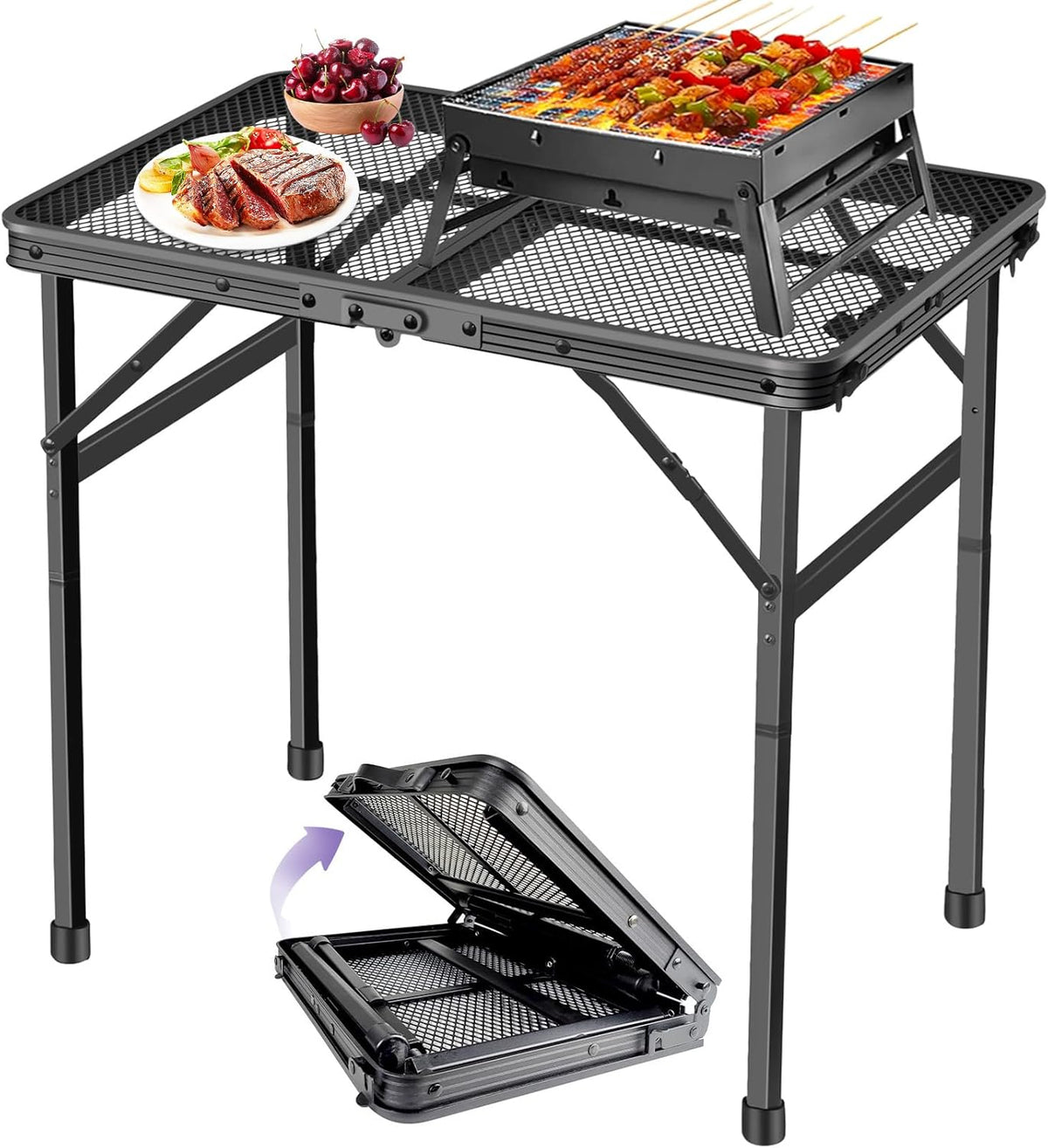 BRIAN & DANY Camping Table Folding Grill Table, Small Foldable Table Height Adjustable, Portable Metal Picnic Table for Outdoor, Black, 2x1.3FT