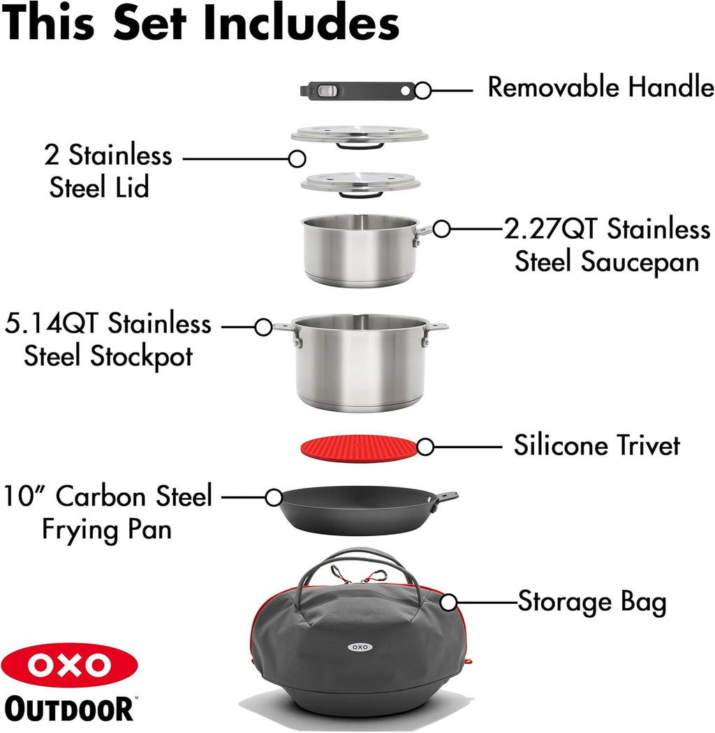 OXO Outdoor 8 Piece Camping Cookware Set, 10" Pre-Seasoned Carbon Steel Frying Pan Skillet, 2.25QT and 5QT Stainless Steel Saucepans with Lids, Removeable Handle, Trivet, Travel Bag, Space-Saving