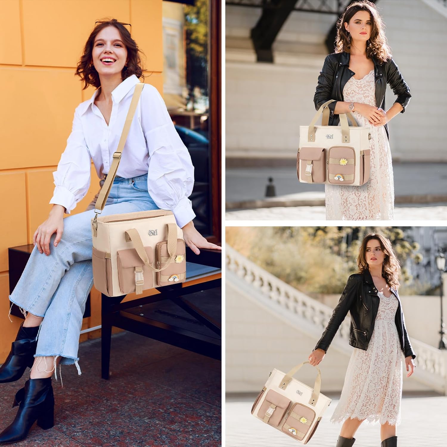Large Insulated Lunch Bag for Women, Leakproof Lunch Box for Adults, Wide Opening Lunch Tote Bag with Shoulder Strap, Reusable Lunch Cooler Bag for Work, Picnic,Beach,School,Khaki Beige