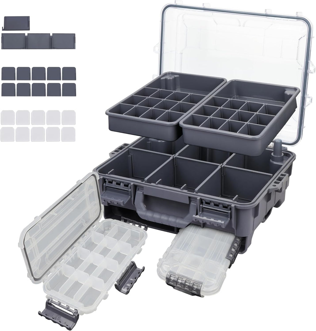 RUNCL Universal Fishing Tackle Box with Two Small Tackle Tray, Removal Inside Design Waterproof Trunk Storage Box, Thicker Floating Airtight Stowaway, Xmas Surprise Fishing Gifts for Men Women