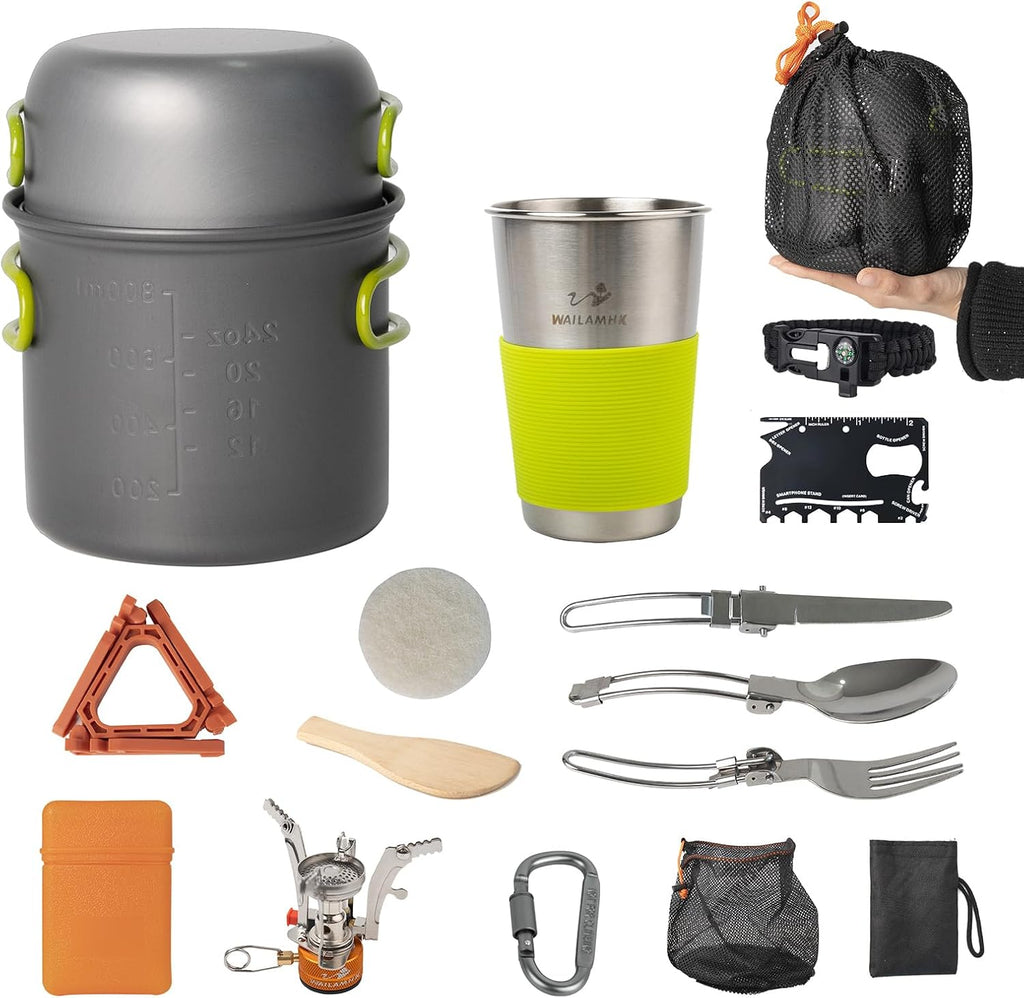 Camping Cookware Mess Kit, 16 pcs Backpacking Cooking Set, Lightweight Camping Pots and Stove Set for 1-2 Person, Outdoor Cooking Gear Ideal for Camping, Hiking, Backpacking and Picnic