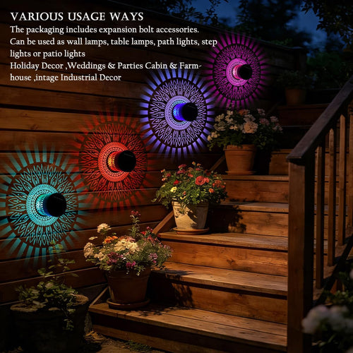 1 Pack Retro Solar Table Lantern Outdoor Waterproof Wall Light, 6 Color Changing Hollow Out Metal Garden Decor Step Lamp, Solar Powered Patio Porch Tabletop Decorations for Yard Pool Stairs
