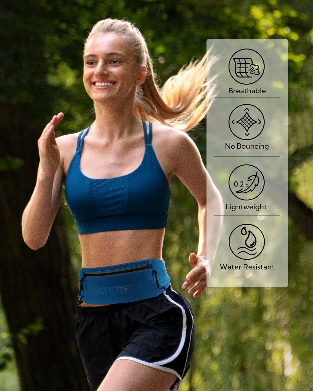 WATERFLY Running Belt Fanny Pack, Runner Race Belt with Bib Clip Blue