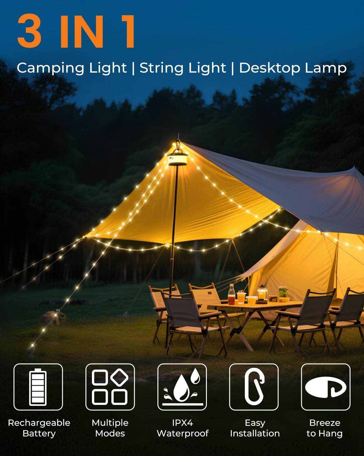 Camping String Lights, Retractable 32.8FT Rechargeable Fairy Light