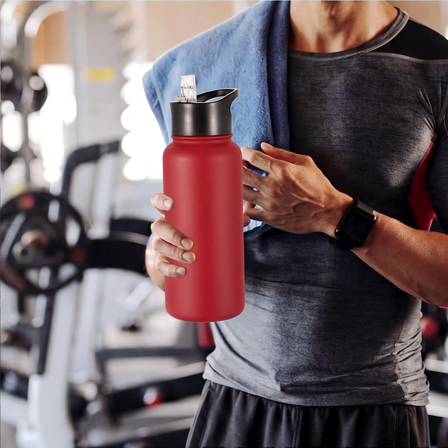 VEGOND 32 oz Insulated Water Bottle Bulk Stainless Steel Metal Water Bottles with Leak Proof Straw Lid & Spout Lid, Wide Mouth Double Walled Vacuum Travel Sports Bottle, Red 4 Pack