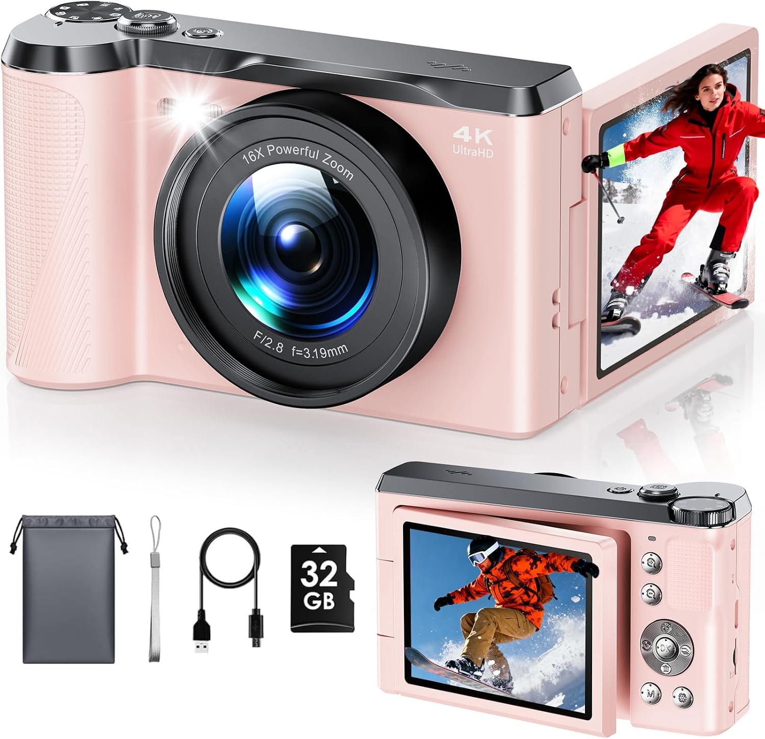 Focusinc 4K Digital Camera for Photography, Autofocus 56MP Vlogging Camera with 32GB SD Card, 3" 180° Flip Screen Compact Travel Camera for Teens Begnners with 16X Zoom,Pink