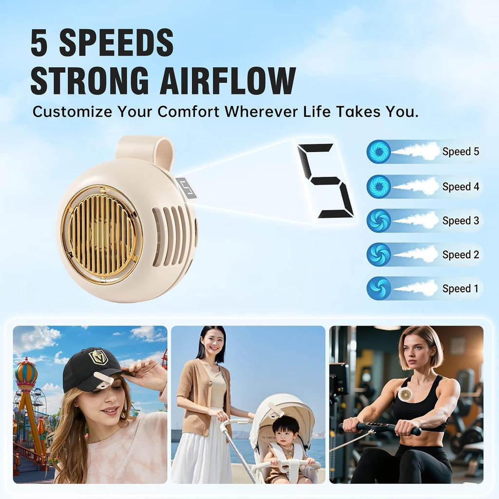 Wearable Clip Fan Rechargeable, 360° Rotating Mini Personal Fan, 5 Speed Bladeless Portable Neckline & Waist Cooling Fan for Outdoor Work, Construction, Camping, Gardening,Office, Travel Essentials