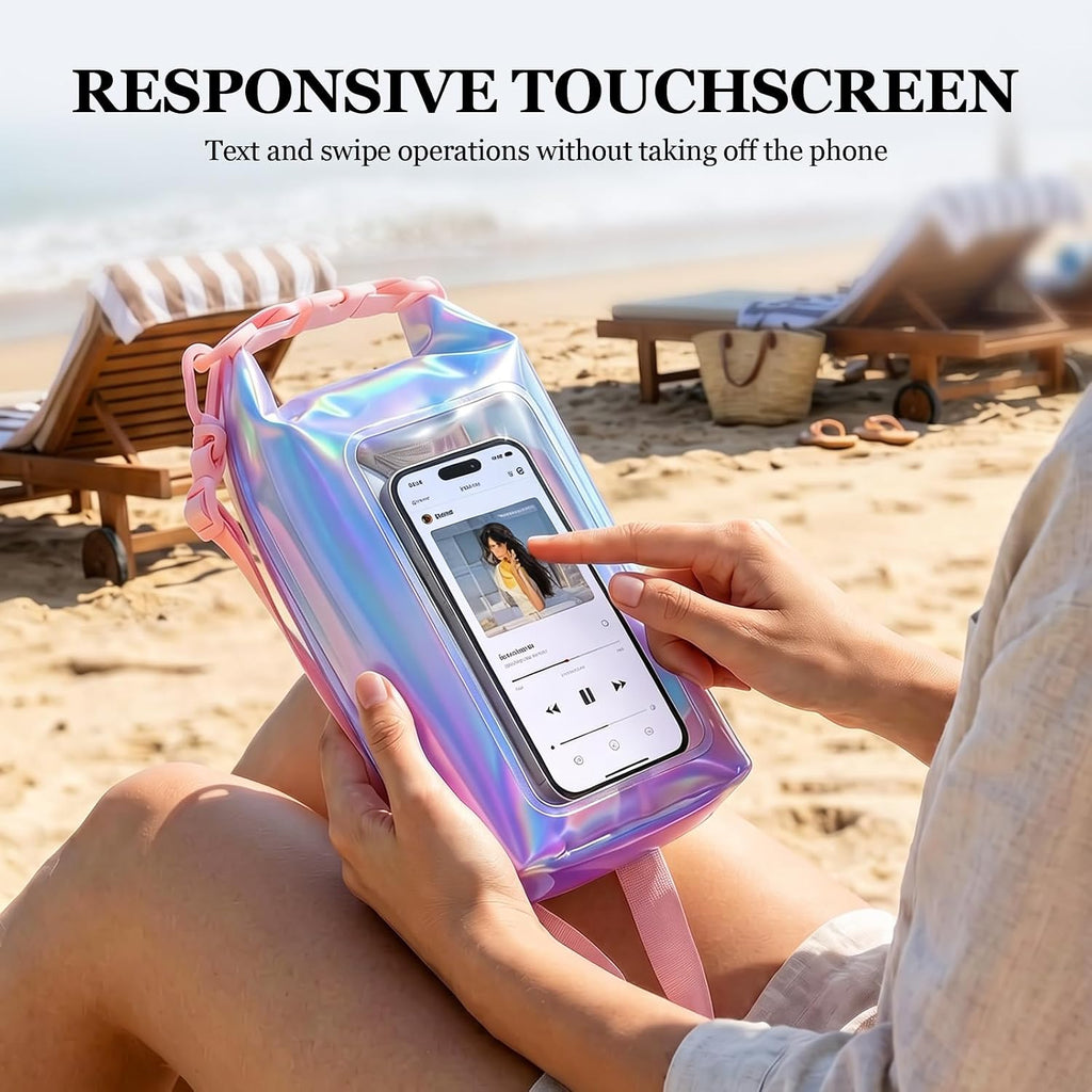 IP68 Waterproof Phone Pouch Case Three-Layer Seal for iPhone 17 16 Pro Max/15/14, IP68 Travel Cellphone Dry Bag Beach Cruise Ship Essential Bucket Bag with Crossbody Lanyard, Iridescent
