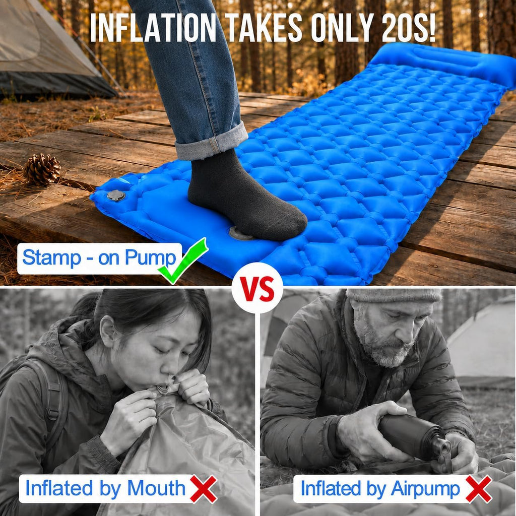 Camping Sleeping Pad, Ultralight Camping Mat with Pillow, Built-in Foot Pump Inflatable Sleeping Pads Compact for Camping Backpacking Hiking Traveling Tent - Blue