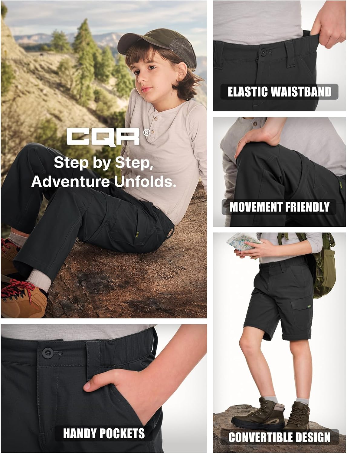 CQR Kids Youth Hiking Cargo Pants, UPF 50+ Quick Dry Convertible Zip Off Pants, Outdoor Camping Pants