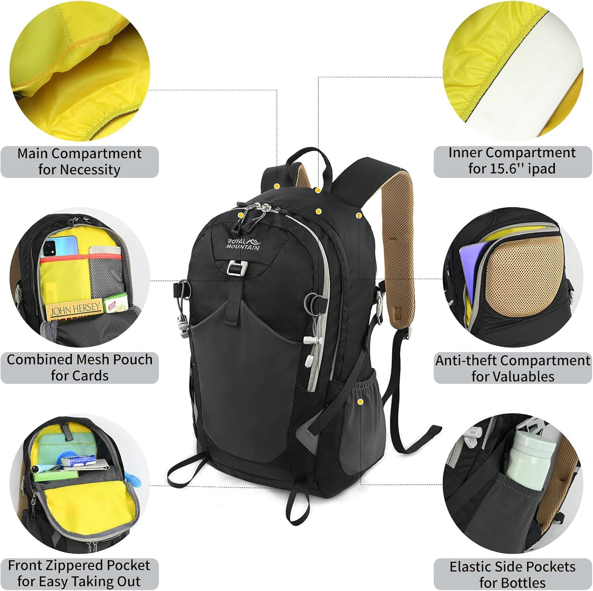 20L Hiking Backpack With Rain-Cover, Lightweight Packable Backpack For Women Men, Hiking Daypack Backpacks Fit For Camping, Sports, Daily Commuting, Short Trips (Black)