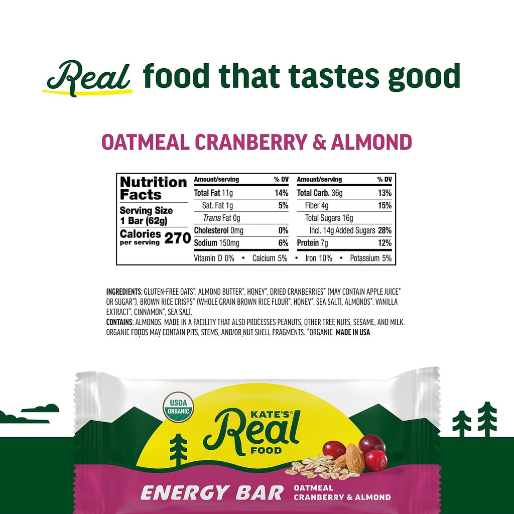 Kate's Real Food Organic Energy Bars Oatmeal Cranberry Almond (Pack of 12)
